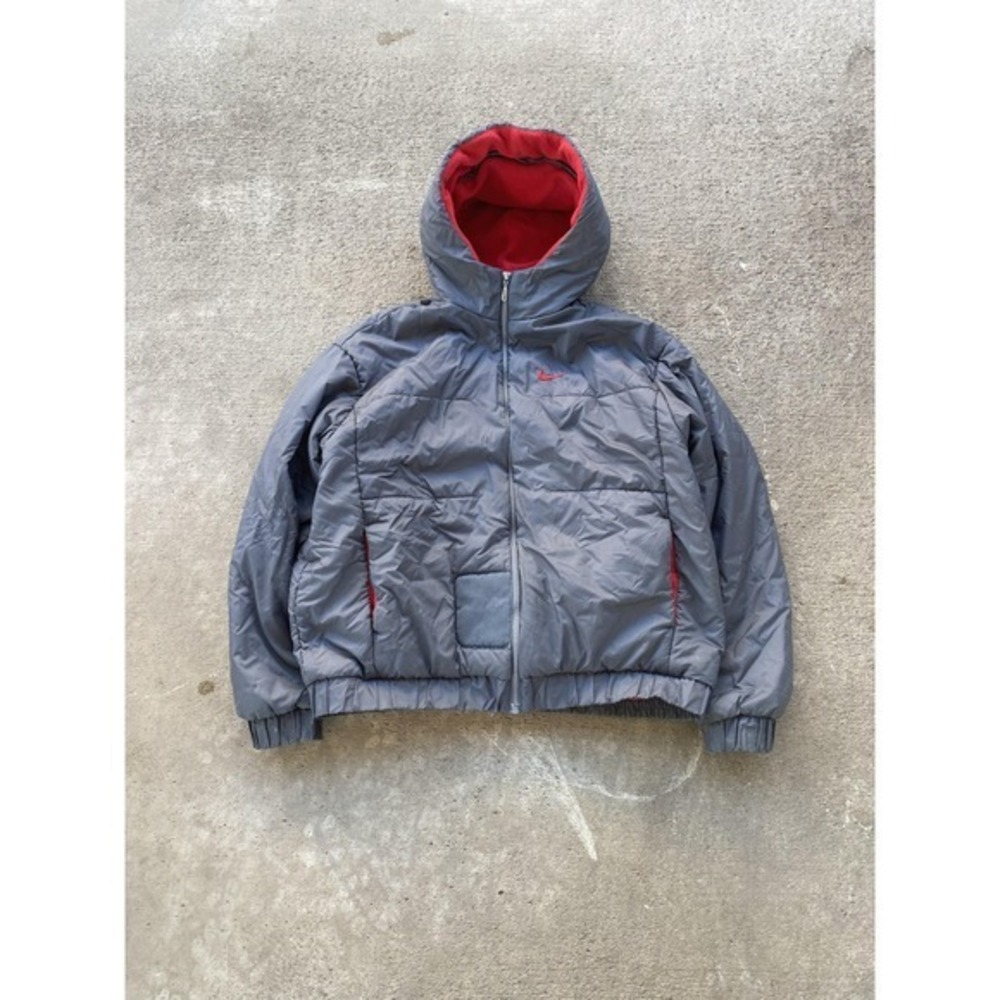 Nike Jacket Youth Large 12-14 Gray Red Hooded Puffer Fleece Lined Winter Y2k Uni